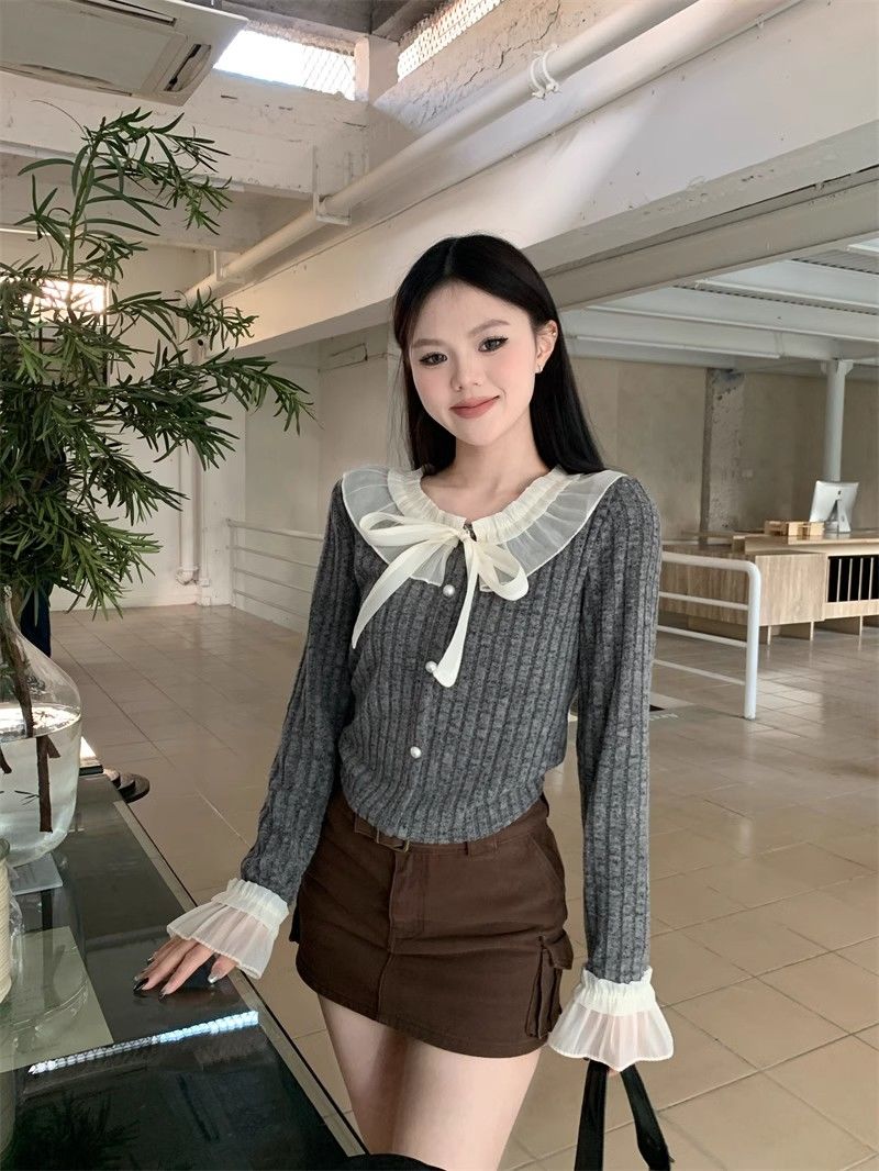 2024 spring new Korean style lace skirt lace-up slim fit versatile slimming wool sweater pullover women's top