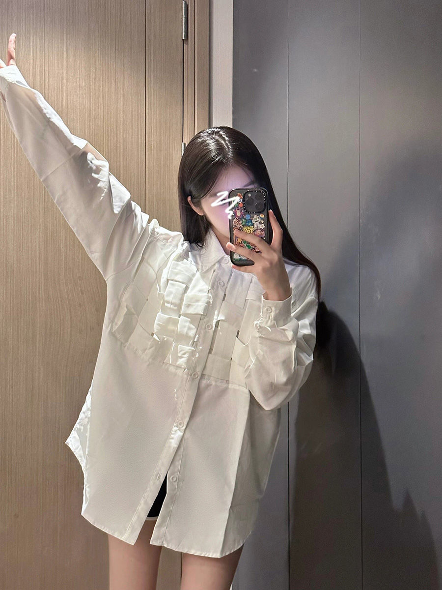 不規則編織格子白色長袖襯衫女春季新款高級感小眾氣質外穿上衣潮
