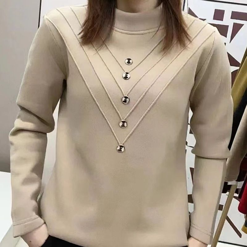 春季加絨加厚半高領打底衫女2024新款德絨自發熱保暖寬鬆洋氣上衣