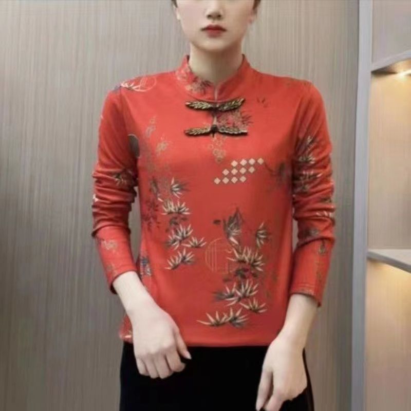 2024國風春秋季新款女裝復古盤扣加厚媽媽裝寬鬆保暖打底上衣女潮