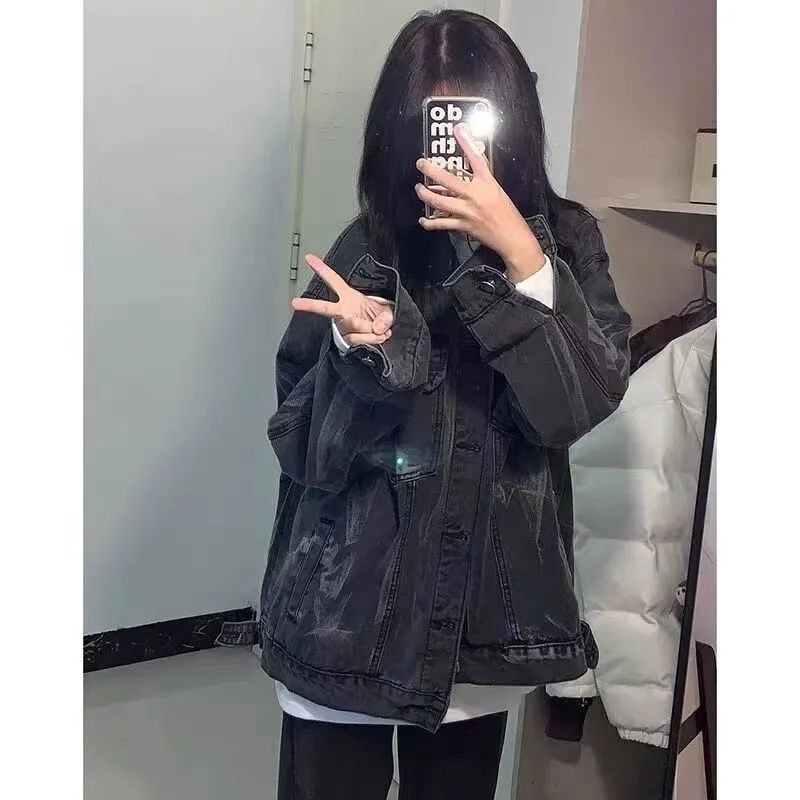Plus size fat girl American tie-dye denim jacket women's spring and autumn new style bf lazy style loose slim jacket top