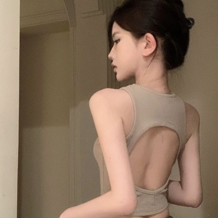 辣妹鏤空露背工字小背心女夏無袖緊身黑色打底衫內搭短款上衣外穿