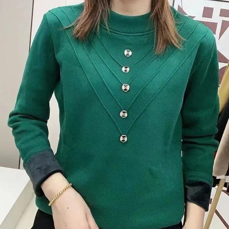 高端圓領保暖打底衫加絨加厚2024春季女寶寶絨衛衣寬鬆新款上衣潮