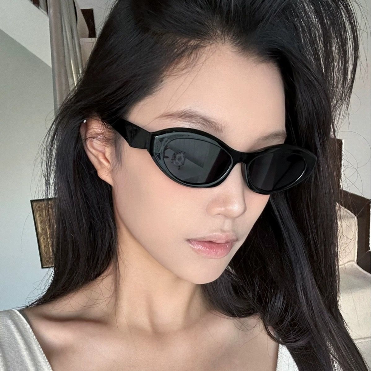復古歐美黑色橢圓貓眼墨鏡街拍小紅書網紅高級感太陽眼鏡小臉女