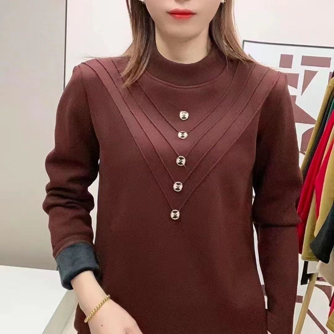半高領女士打底衫新款加厚女士保暖24年冬季新款加絨長袖女上衣