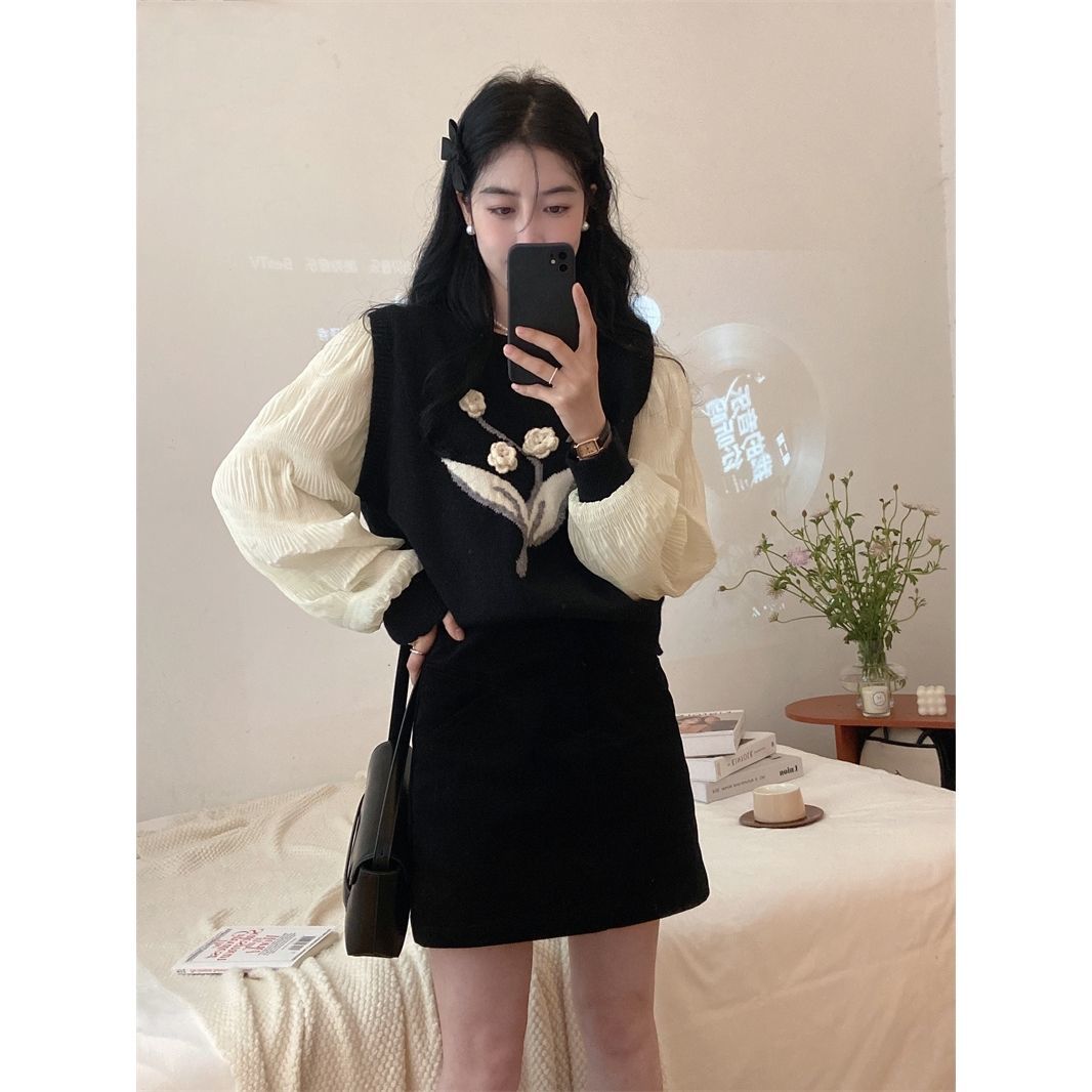 撞色立體花朵拼接雪紡袖毛衣春季2024新款設計感假兩件上衣女裝潮