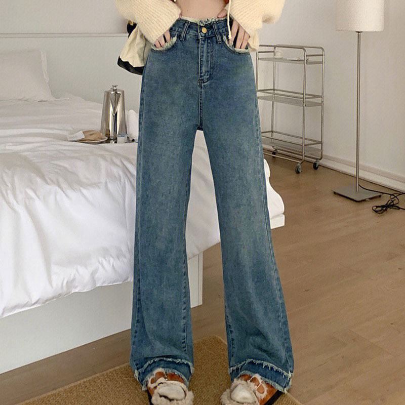 复古窄版直筒牛仔裤女春季2024年新款小个子高腰显瘦拖地阔腿裤子