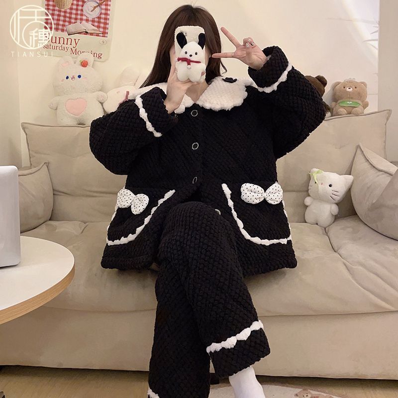 冬季珊瑚絨睡衣女款加絨加厚三層夾棉襖甜美保暖法蘭絨家居服套裝