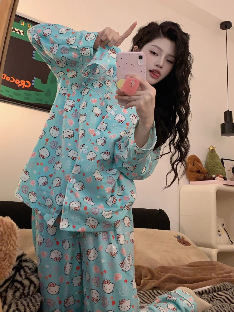 HelloKitty cat pajamas for women spring and autumn new cartoon sweet and cute student dormitory can be worn outside home clothes