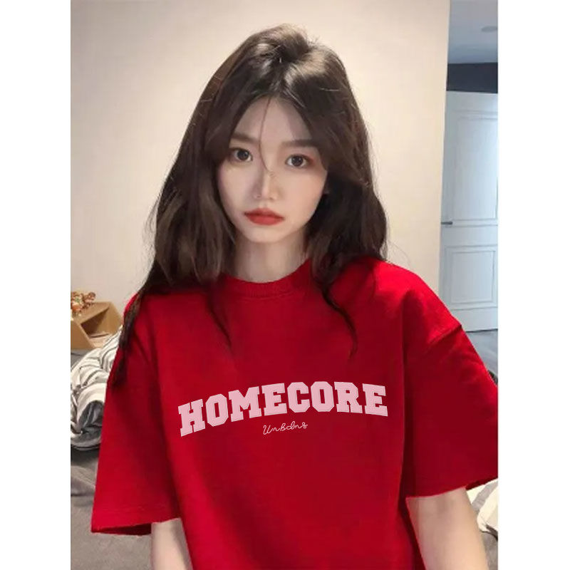 純棉紅色印花短袖T恤女春夏季新年款寬鬆顯瘦休閒百搭中長款上衣