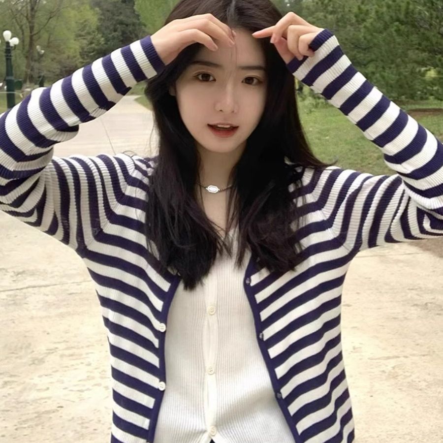 2024 New Striped Knitted Cardigan Women's Spring Outerwear Thin Long-Sleeved Fake Two-Piece Versatile Tops and Jackets Trendy