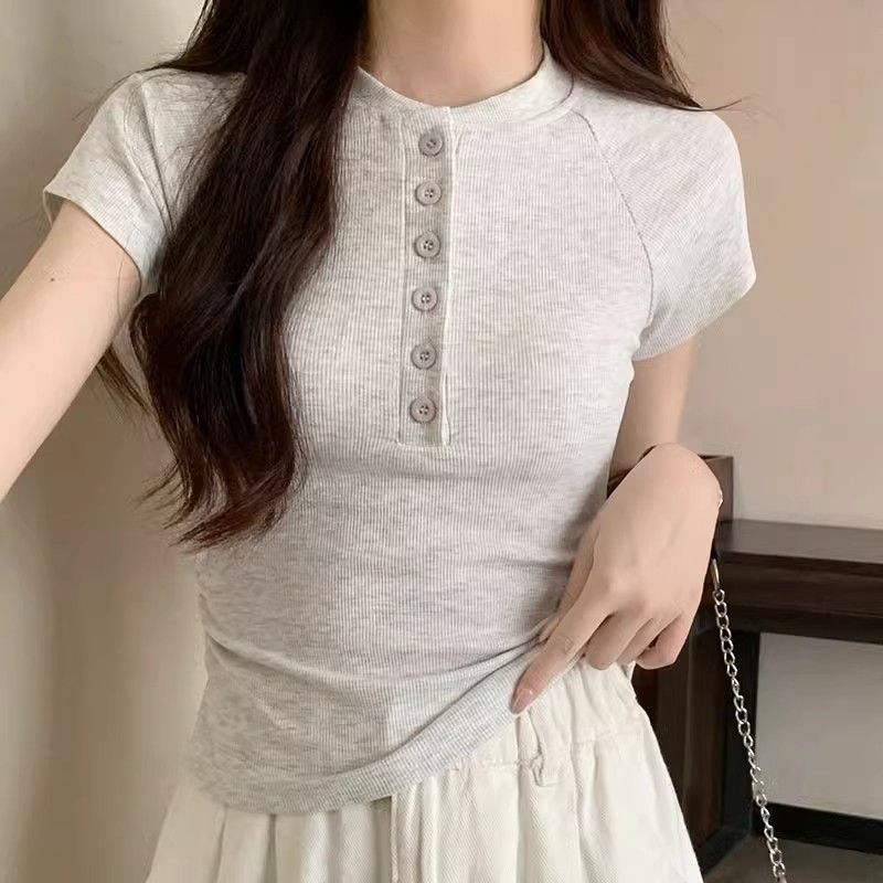 別致半開領紐扣短袖正肩t恤女小眾夏季新款韓版修身高腰上衣短款