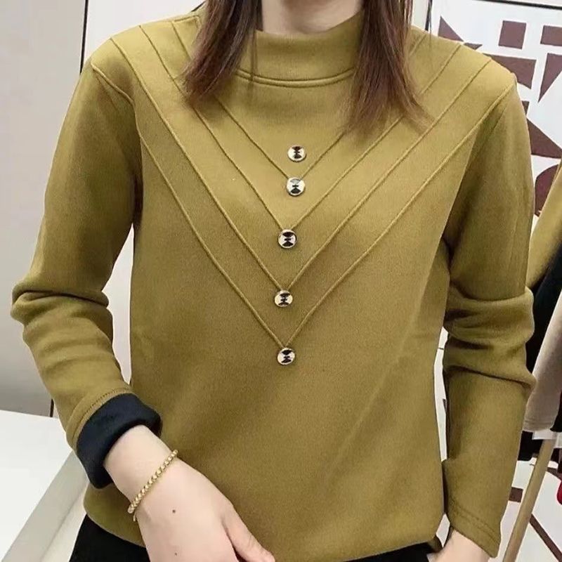加絨加厚高檔打底衫女春季洋氣寬鬆一體絨發熱保暖德絨半高領上衣