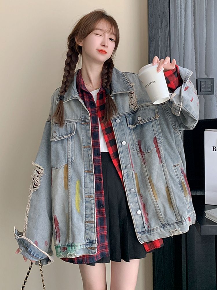 美式復古破洞扎染牛仔外套女2024春秋新款設計感小眾寬鬆夾克上衣