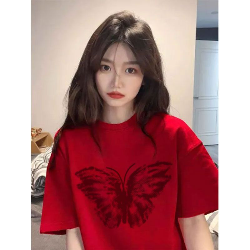 純棉紅色短袖T恤女春夏季新年款寬鬆顯瘦休閒百搭中長款遮肉上衣