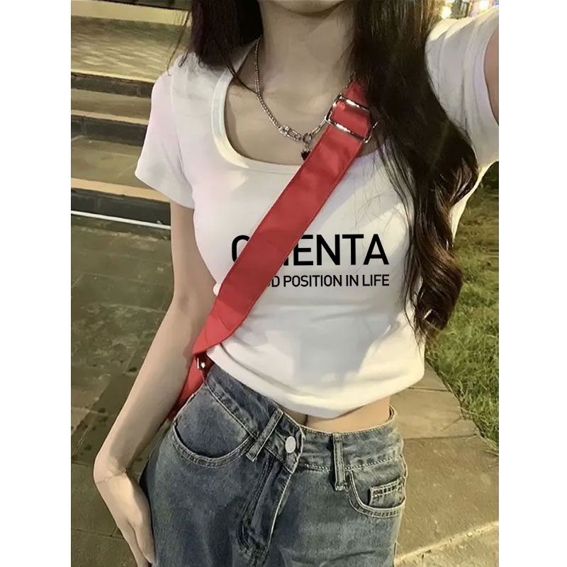 U領正肩T恤女印花外穿甜辣修身顯瘦露臍打底短袖短款上衣夏新款