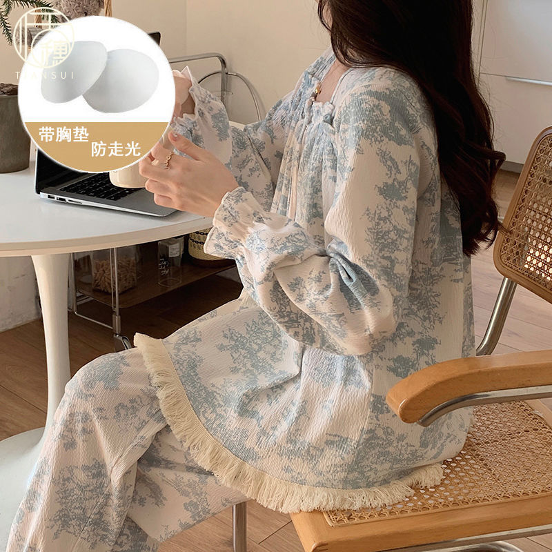 帶胸墊提花棉睡衣女春秋季長袖可外穿水墨畫2024年新款寬鬆家居服
