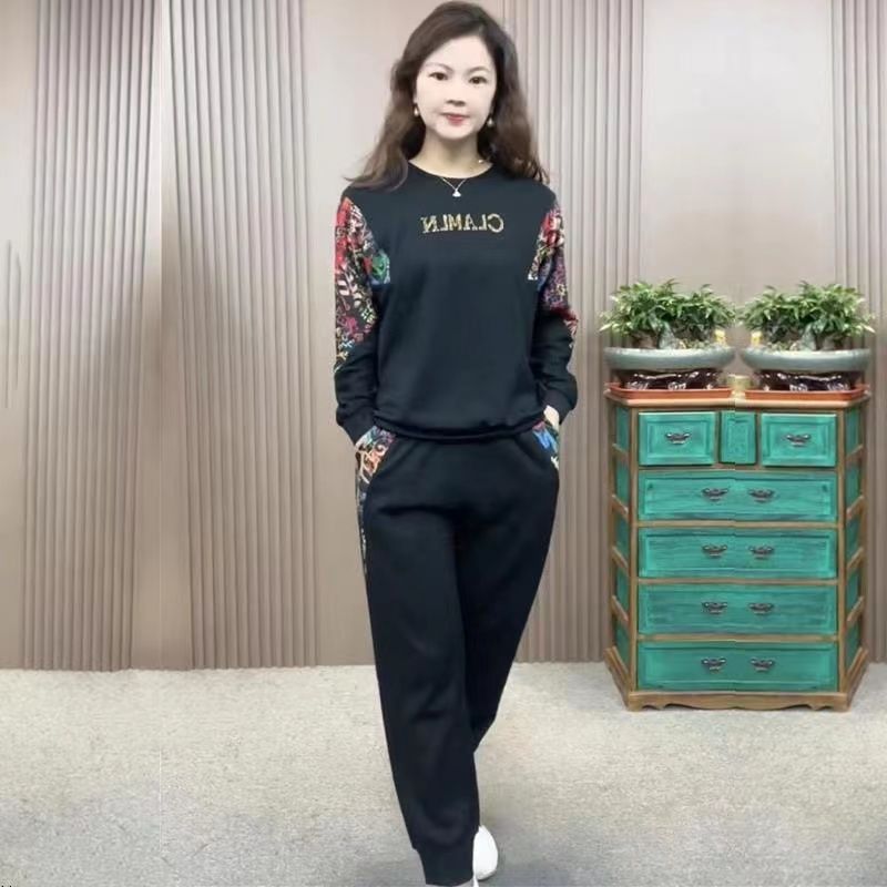2024 spring and autumn new fashion splicing long-sleeved loose slimming middle-aged and elderly mother wear harem pants versatile two-piece set