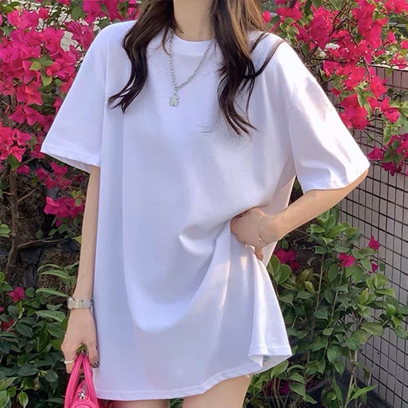 中長款純棉簡約白色短袖T恤2024夏季寬鬆顯瘦遮pp內搭圓領打底衫