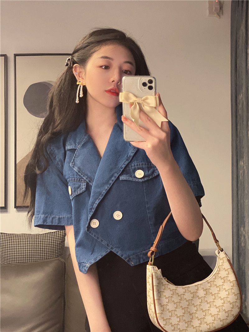 Denim short-sleeved women's small suit summer Korean style small fragrance design loose short French dark blue jacket women's clothing