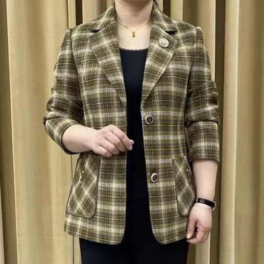 Mom's small plaid suit for women 2024 new middle-aged and elderly women's spring and autumn large size slimming and temperament woolen coat