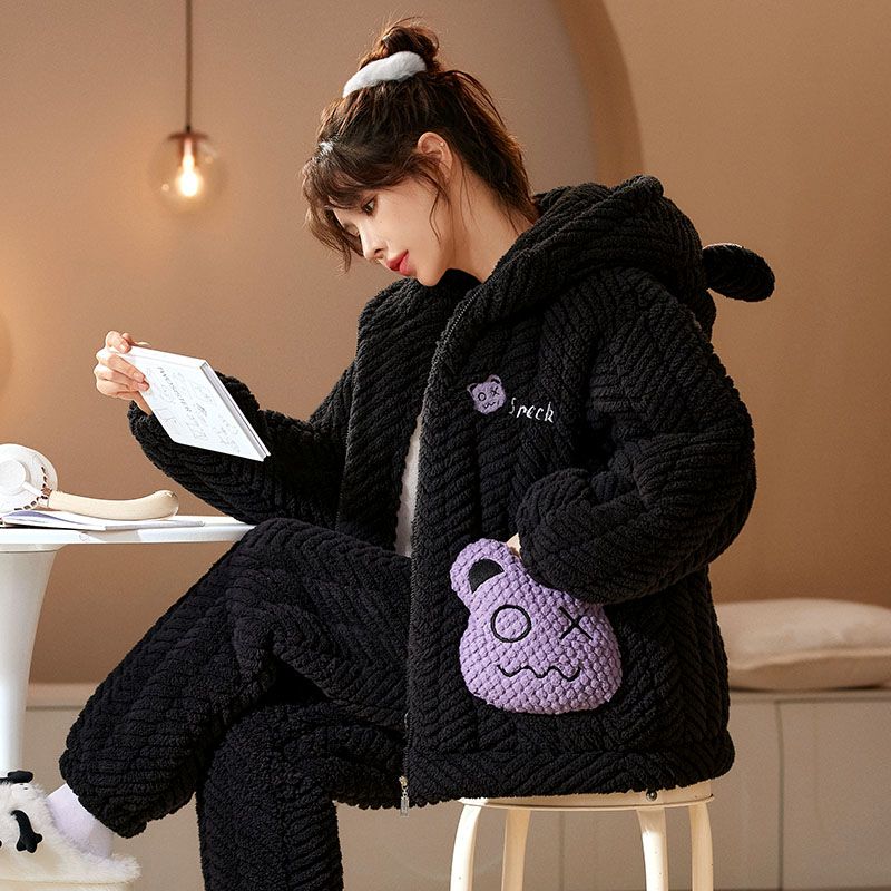 珊瑚絨連帽睡衣女冬季新款法蘭絨加絨加厚甜美可愛家居服套裝外穿