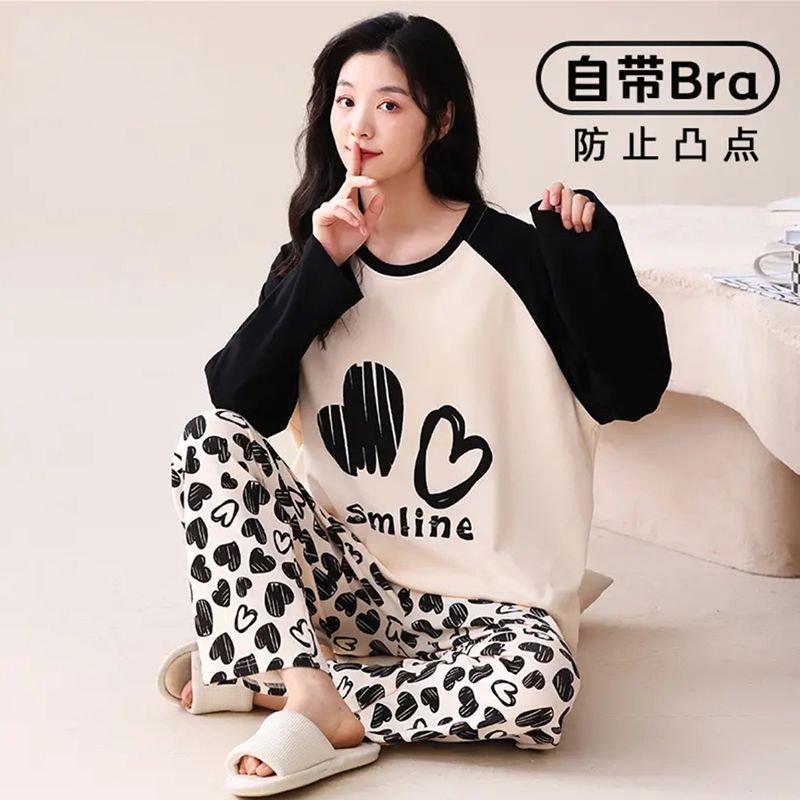 睡衣女春秋純棉長袖韓版可外穿套頭休閒秋冬全棉家居服套裝兩件套