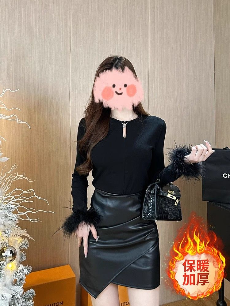 V領鏤空毛毛長袖拼接打底衫女春秋冬氣質收腰內搭上衣修身磨毛t恤