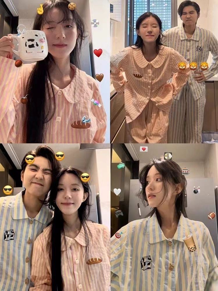 ins Korean cute striped couple pajamas for women spring and autumn pure cotton long-sleeved 2024 new home wear set