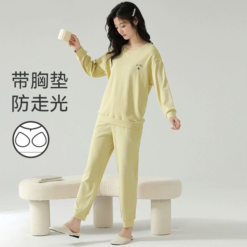 睡衣女士純棉春秋季長袖長褲可外穿帶胸墊家居服套裝2024新款兩件