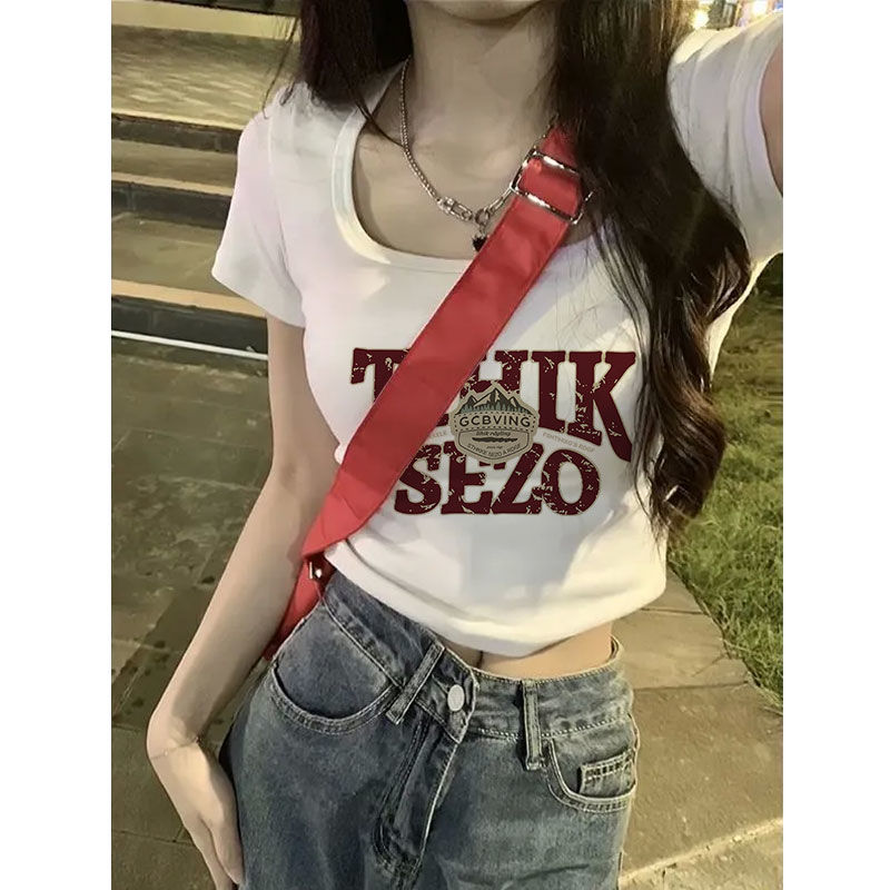 U領短袖T恤女設計感夏季新款修身顯瘦辣妹露臍百搭純欲上衣ins潮
