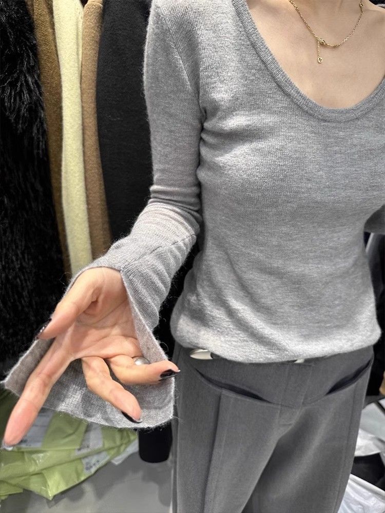 高級感大領口鎖骨長袖T恤女早春修身顯瘦基礎內搭德絨打底衫上衣