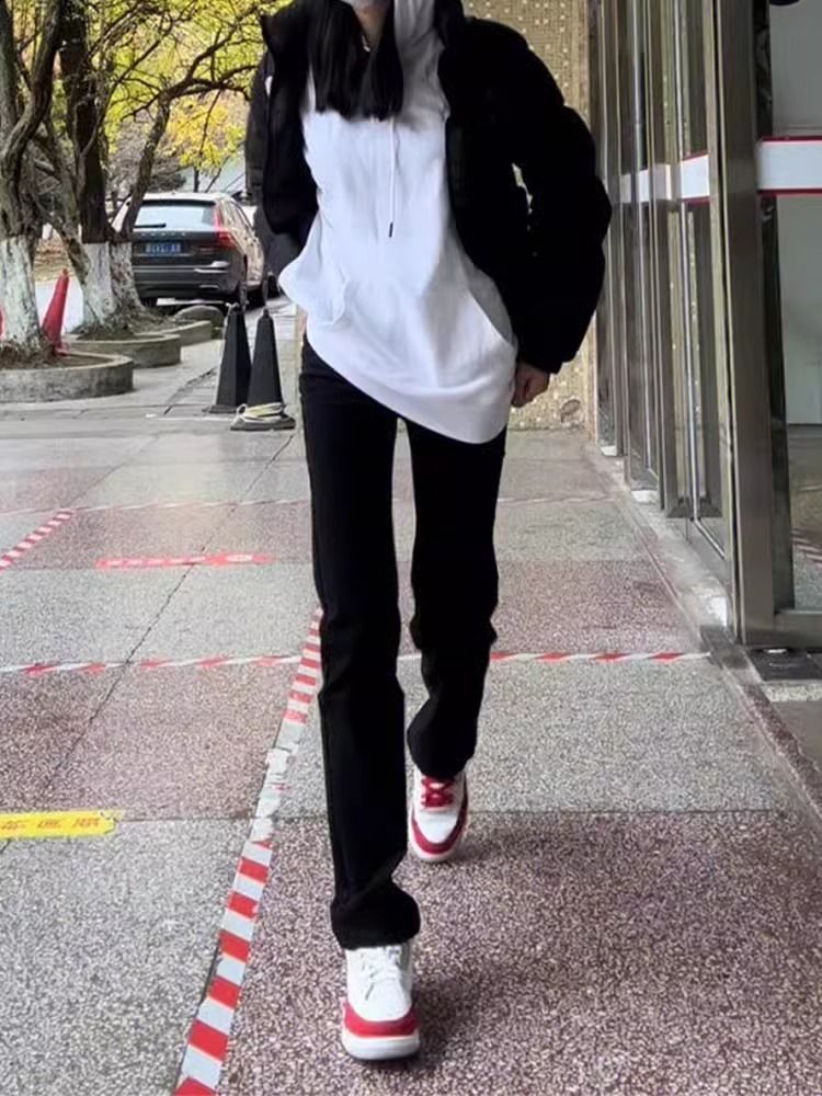 美式175高個子加長黑色直筒牛仔褲女高腰彈力顯瘦寬鬆超拖地褲子