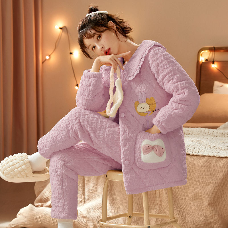 珊瑚絨睡衣女冬三層加厚法蘭絨夾棉襖甜美加絨女士休閒家居服套裝