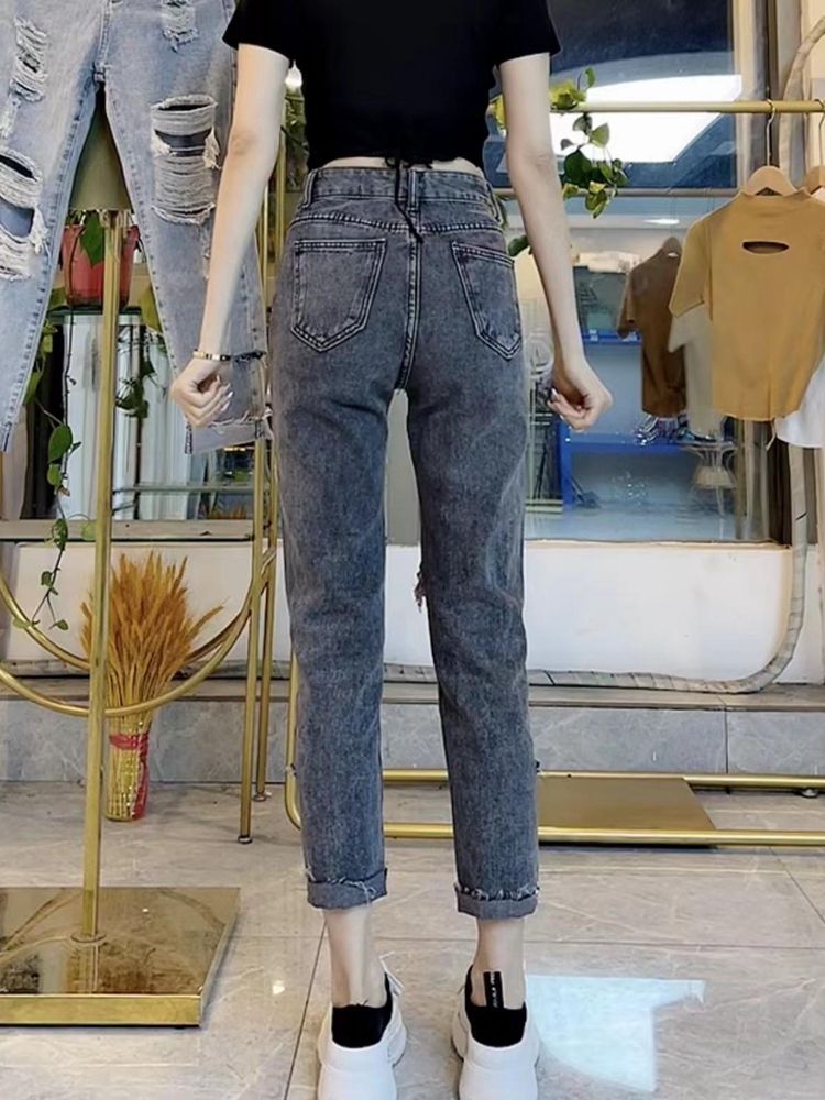 Jeans for women 2024 new summer fashion Korean style ripped casual pants slim and versatile harem beggar nine-point pants