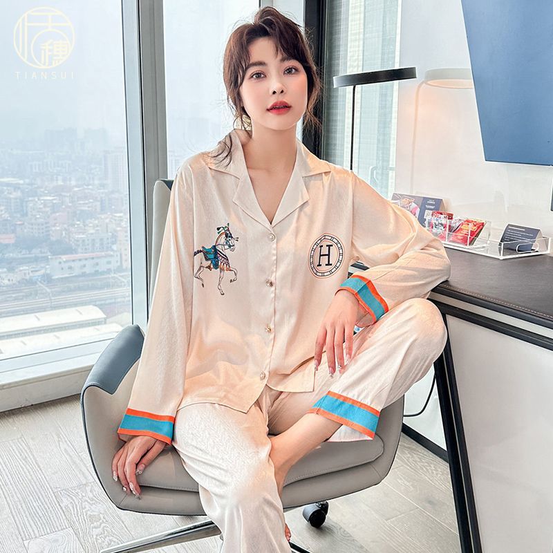 2024年新款睡衣女春秋款冰絲長袖寬鬆秋冬甜美高級感居家服兩件套