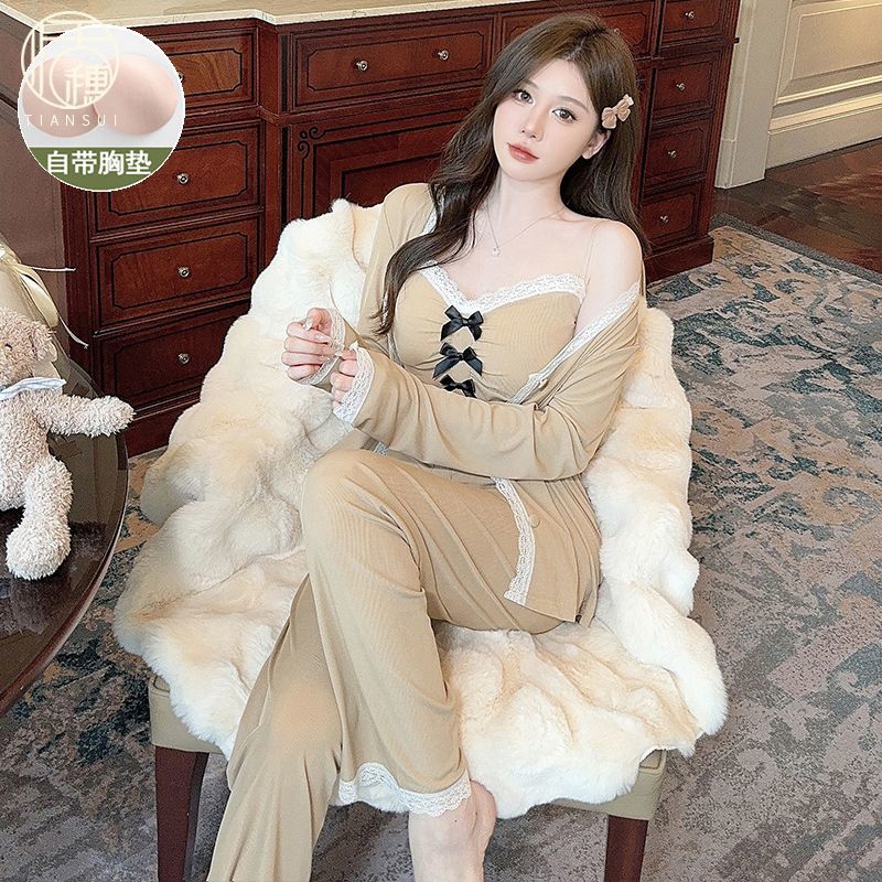 三件套睡衣女春秋季長袖帶胸墊冰絲2024年新款性感吊帶外穿家居服