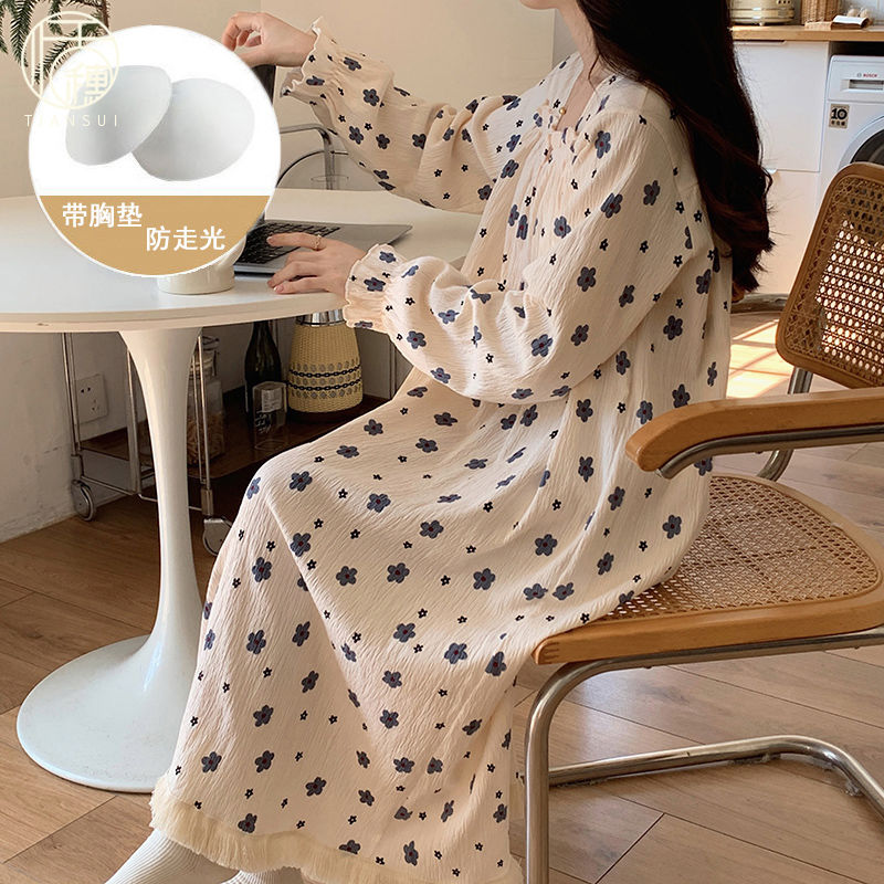 帶胸墊睡裙女春秋季長袖提花棉小碎花甜美可愛網紅睡衣秋冬家居服