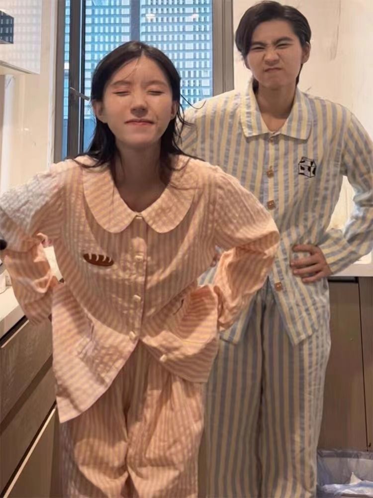 ins Korean cute striped couple pajamas for women spring and autumn pure cotton long-sleeved 2024 new home wear set