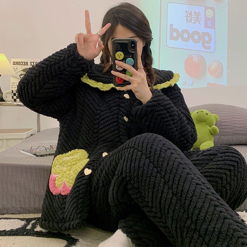 睡衣女冬珊瑚絨三層加厚法蘭絨夾棉襖可愛加絨女士休閒家居服套裝