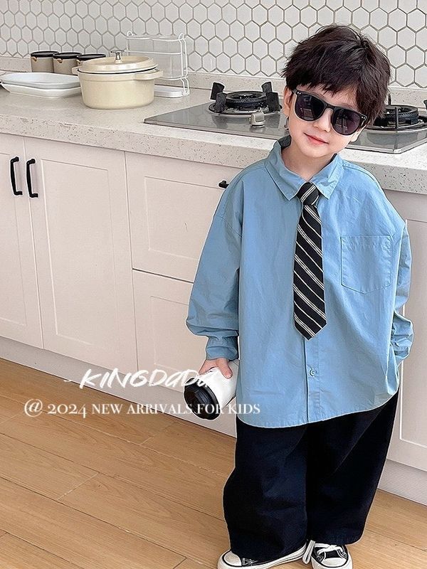 kingdada韩系童装男童领带蓝衬衫纯棉衬衣春款翻领打底长袖上衣