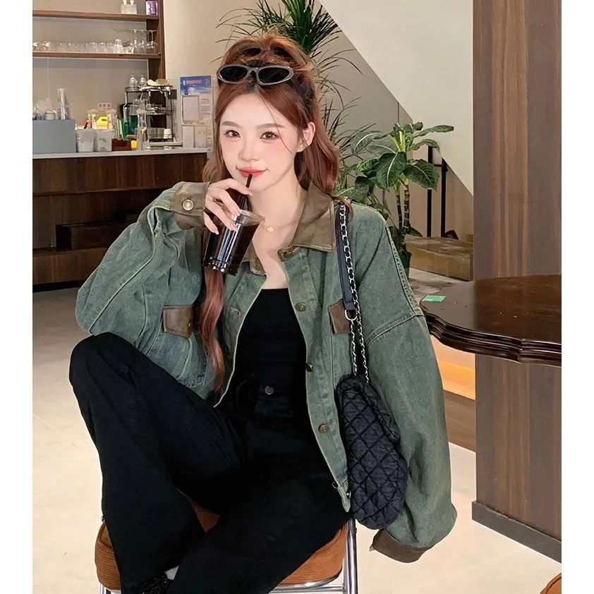 American retro splicing distressed retro denim jacket for women spring and autumn new style loose and versatile oversize top trendy
