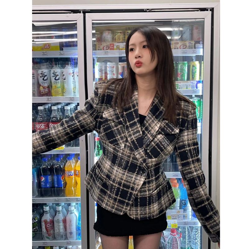 Plaid blazer, sweet and spicy style, versatile and high-end, plaid waist-cinching top, Maillard slim woolen suit for women