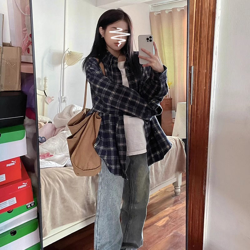 港味復古ins格子長袖襯衫女春秋季寬鬆BF慵懶風外穿襯衣開衫上衣