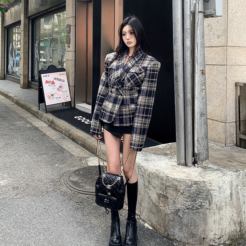 Sweet and Spicy Retro Plaid Woolen Suit Jacket Women's High-end Maillard Slim Fit Plaid Suit Top