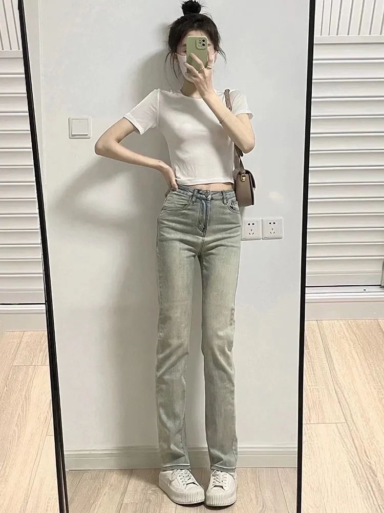 做舊黃泥色水洗直筒牛仔褲女2023年爆款高腰復古寬鬆顯瘦拖地褲子
