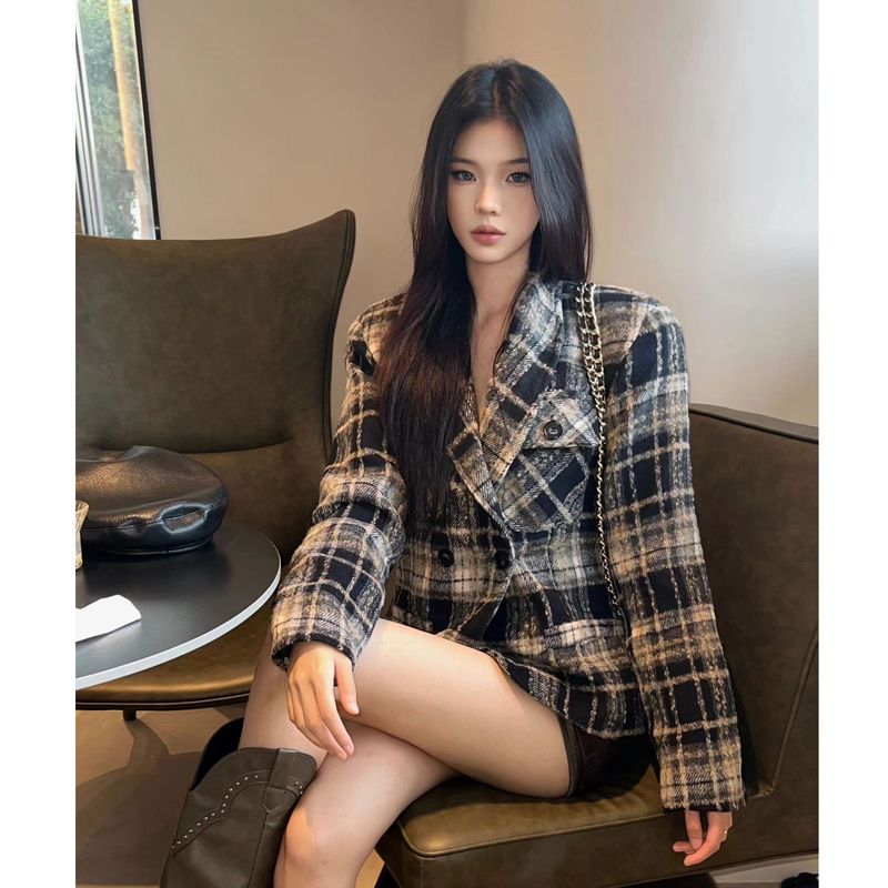 Little Miss England Classic Tartan Suit Waist Suit Maillard Plaid Woolen Jacket Women