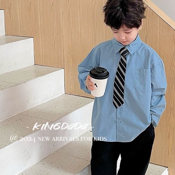 kingdada韩系童装男童领带蓝衬衫纯棉衬衣春款翻领打底长袖上衣