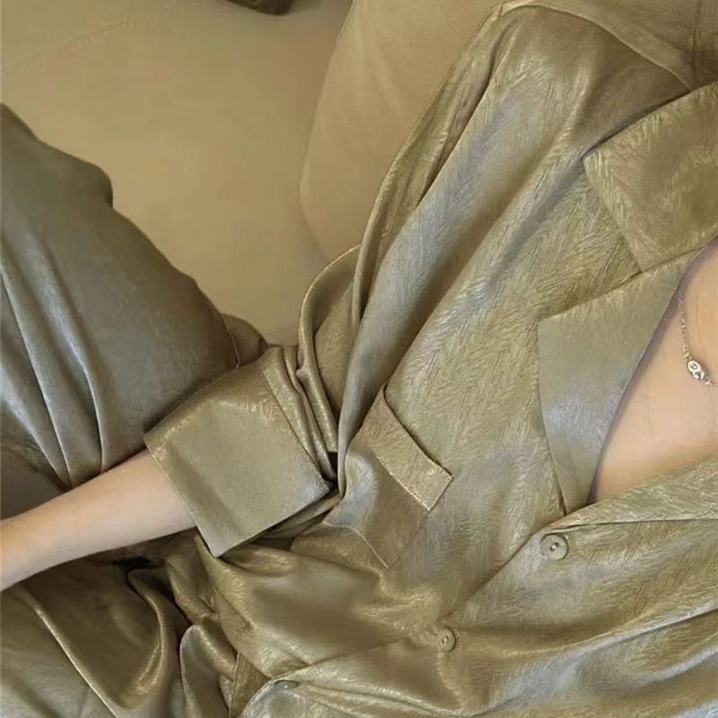 High-end solid color pajamas for women spring and autumn ice silk long-sleeved thin student ins silk can be worn outside home clothes set