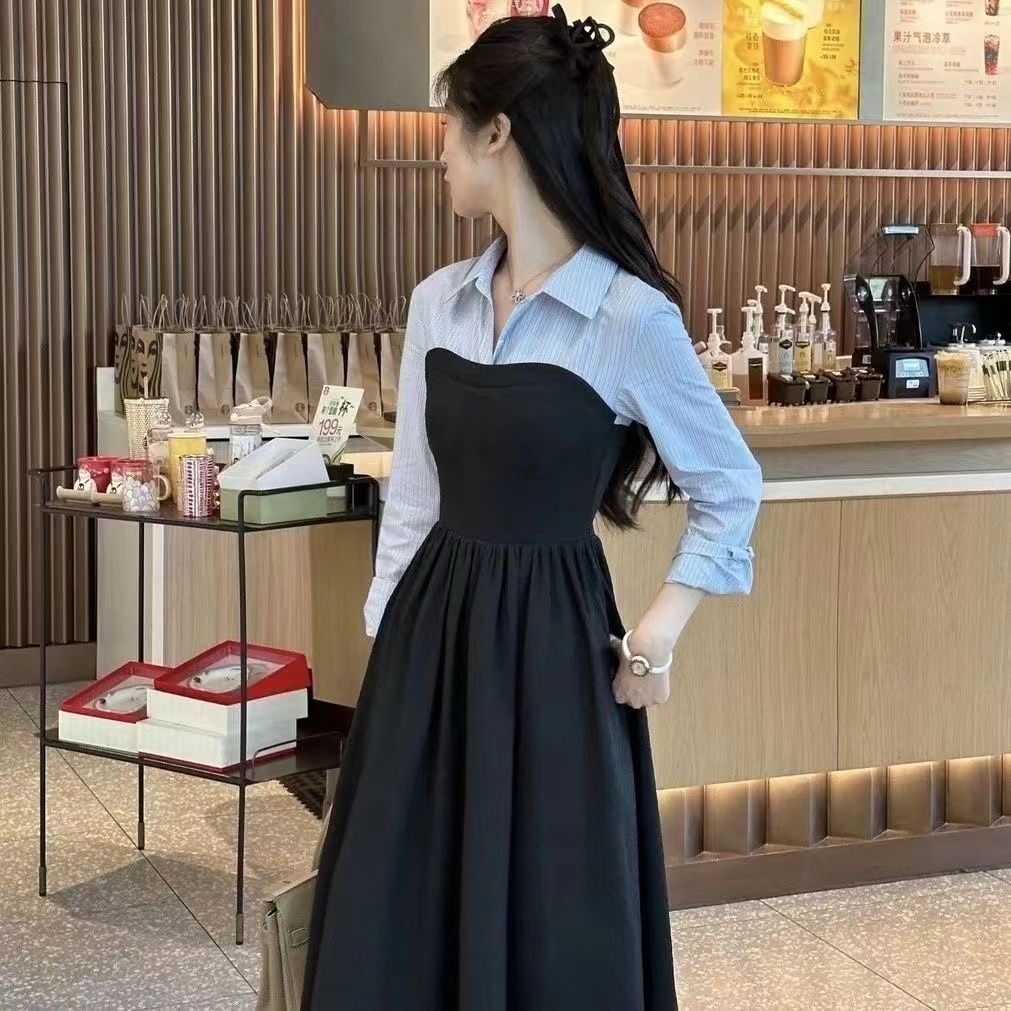 法式大碼女裝胖mm高級感超好看赫本風黑色襯衫連衣裙子春秋裝